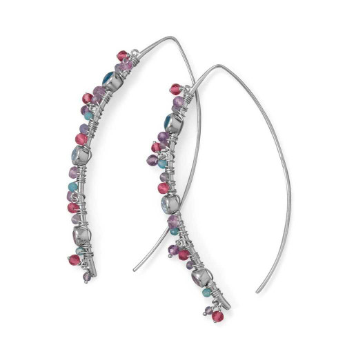 Image of Sterling Silver Rhodium-plated Marquise Wire Beaded Earrings