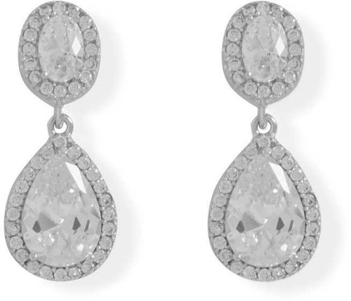 Image of Sterling Silver Rhodium-plated Oval and Pear CZ Drop Earrings