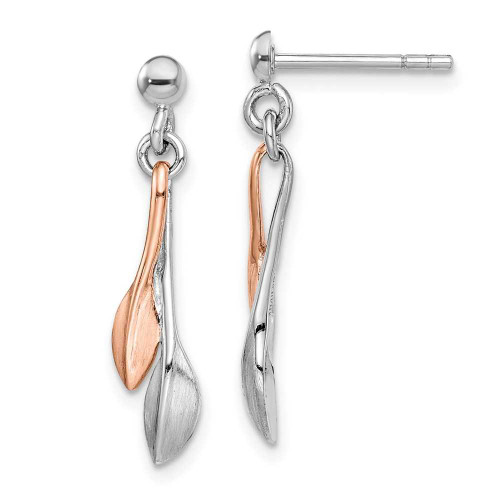 Image of Sterling Silver Rhodium-Plated Rose Gold-Plated Leaf Post Dangle Earrings