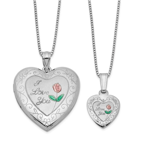 Sterling Silver Rhodium-plated Rose I Love You Heart Locket & Pendant Set