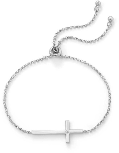 Image of Sterling Silver Rhodium-plated Sideways Cross Friendship Bracelet with Diamond