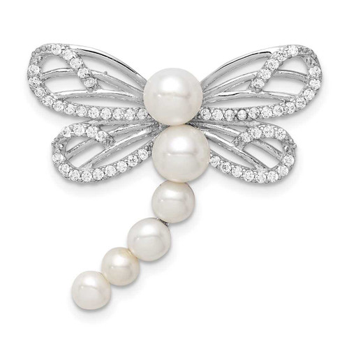 Image of Sterling Silver Rhodium-plated Simulated Pearl Dragonfly Slide Pendant