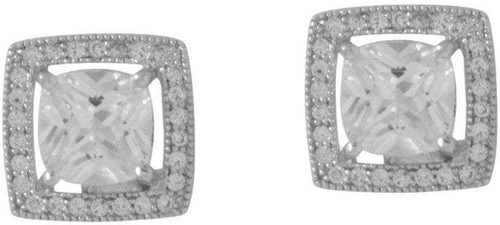 Image of Sterling Silver Rhodium-plated Square CZ with Halo Stud Earrings