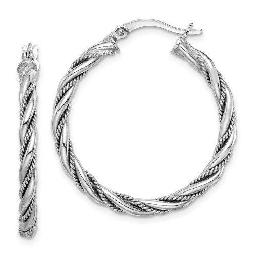 Image of 31.75mm Sterling Silver Rhodium-Plated Twisted & Textured Hoop Earrings QE14134