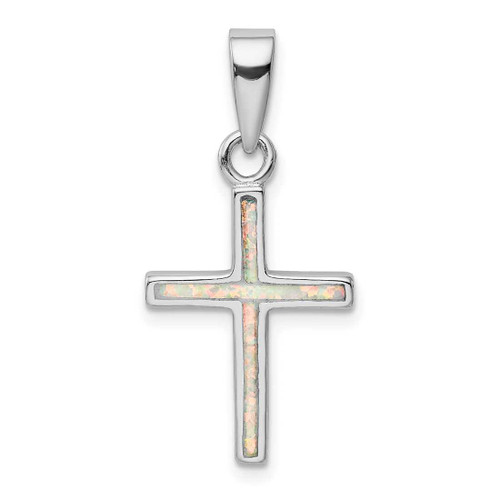 Image of Sterling Silver Rhodium-Plated White Lab-Created Opal Cross Pendant QC9035