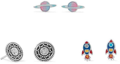 Image of Sterling Silver Rocket, Planet and Disc Earrings Set
