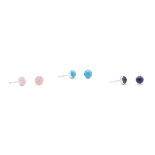 Image of Sterling Silver Set of 3 Synthetic Pink Opal, Simulated Turquoise, and Iolite Button Stud Earrings
