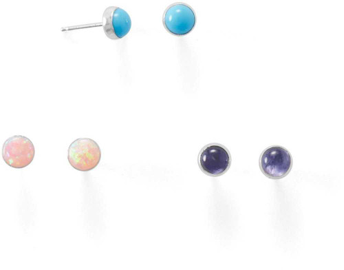 Image of Sterling Silver Set of 3 Synthetic Pink Opal, Simulated Turquoise, and Iolite Button Stud Earrings