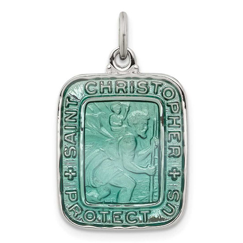 Image of Sterling Silver Teal Enamel Square St. Christopher Medal Pendant