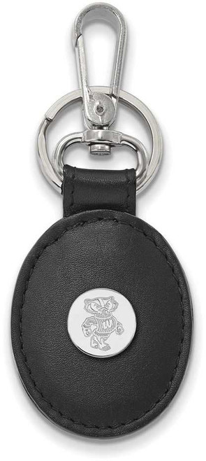 Image of Sterling Silver University of Wisconsin Leather Oval KeyChain LogoArt SS053UWIK1