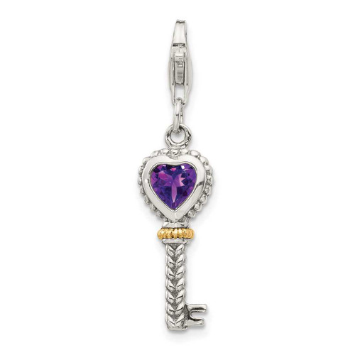 Image of Sterling Silver w/ 14K Yellow Gold Amethyst Antiqued Key w/ Lobster Clasp Charm