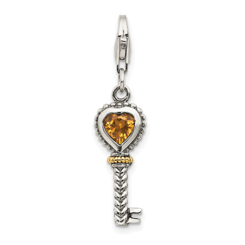 Sterling Silver w/ 14K Yellow Gold Citrine Antiqued Key w/ Lobster Clasp Charm