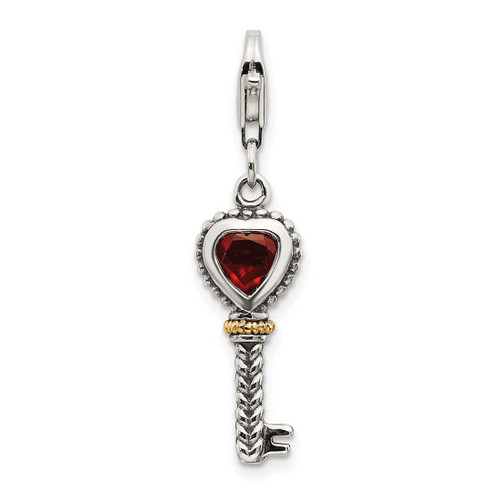 Image of Sterling Silver w/ 14K Yellow Gold Garnet Antiqued Key w/ Lobster Clasp Charm