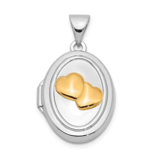 Sterling Silver w/ Yellow Plating 17mm Two Hearts Oval Locket Pendant