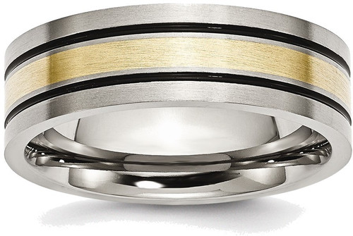 Titanium w/ 14K Yellow Gold Inlay Flat 7mm Brushed and Antiqued Band Ring