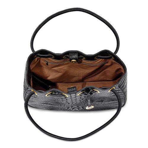 Image of Top Grain Leather Croc Texture Black Drawstring Handbag (Gifts)