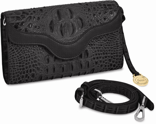 Top Grain Leather Croc Texture RFID Blocking Black Clutch/Crossbody Bag (Gifts)
