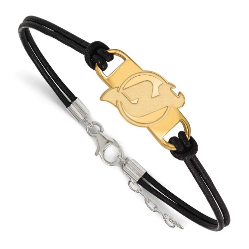 Image of Yellow Sterling Silver NHL LogoArt New Jersey Devils Leather Bracelet Small Center