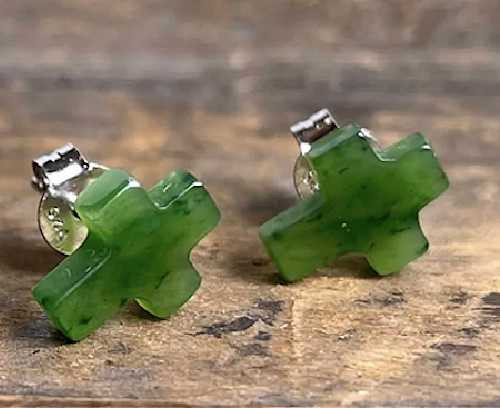 Image of 9mm Genuine Nephrite Jade Cross Stud Earrings w/ Sterling Silver Posts