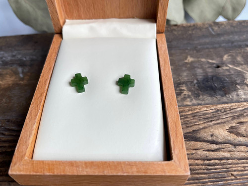 Natural Untreated 9mm Nephrite Jade Cross Stud Earrings w/ Sterling Silver Posts