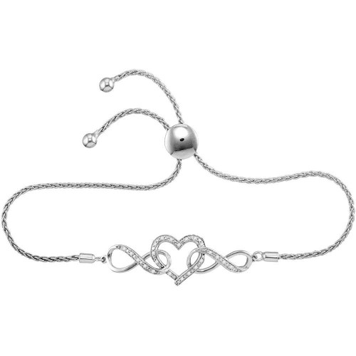 Image of Sterling Silver Womens Round Diamond Infinity Heart Bolo Bracelet 1/6 Cttw