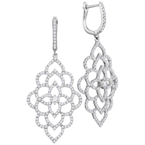 Image of 18kt White Gold Womens Round Diamond Petals Cocktail Dangle Earrings 1-3/8 Cttw