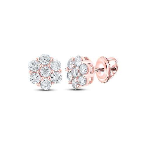 Image of 14kt Rose Gold Round Diamond Flower Cluster Earrings 1 Cttw