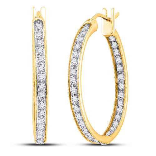Image of 14kt Yellow Gold Womens Round Diamond Inside Outside Hoop Earrings 1/4 Cttw