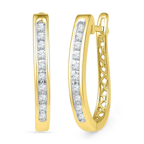 Image of 10kt Yellow Gold Womens Round Diamond Slender Single Row Oblong Hoop Earrings 1/5 Cttw