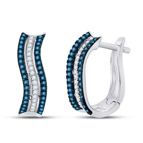 Image of 10kt White Gold Womens Round Blue Color Enhanced Diamond Striped Hoop Earrings 1/4 Cttw