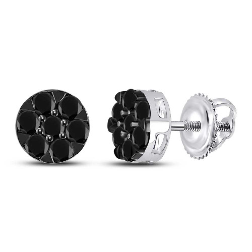 Image of 14kt White Gold Womens Round Black Color Enhanced Diamond Cluster Earrings 3/8 Cttw