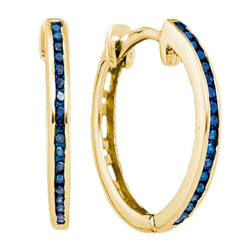 Image of 10kt Yellow Gold Womens Round Blue Color Enhanced Diamond Hoop Earrings 1/10 Cttw