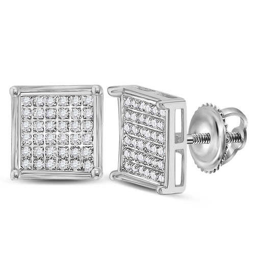 Image of Sterling Silver Womens Round Diamond Square Cluster Earrings 1/4 Cttw
