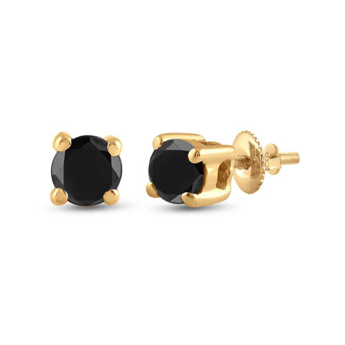 Image of 10kt Yellow Gold Unisex Round Black Color Enhanced Diamond Solitaire Stud Earrings 1/4 Cttw