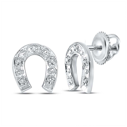 Image of Sterling Silver Womens Round Diamond Horseshoe Earrings 1/20 Cttw