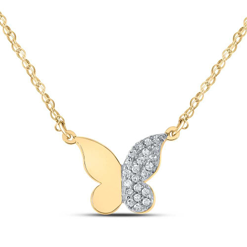 Image of 10kt Yellow Gold Womens Round Diamond Butterfly Necklace 1/8 Cttw