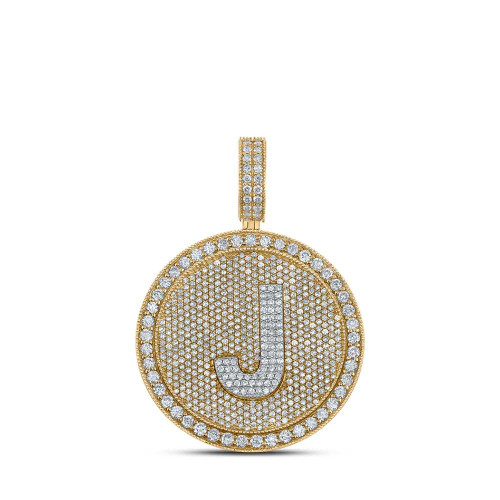 Image of 10kt Two-tone Gold Mens Round Diamond Letter J Circle Charm Pendant 3-7/8 Cttw