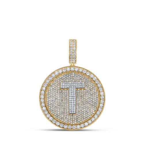 Image of 10kt Two-tone Gold Mens Round Diamond T Letter Circle Charm Pendant 3-7/8 Cttw