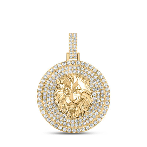 Image of 10kt Yellow Gold Mens Round Diamond Lion Circle Charm Pendant 2-1/2 Cttw