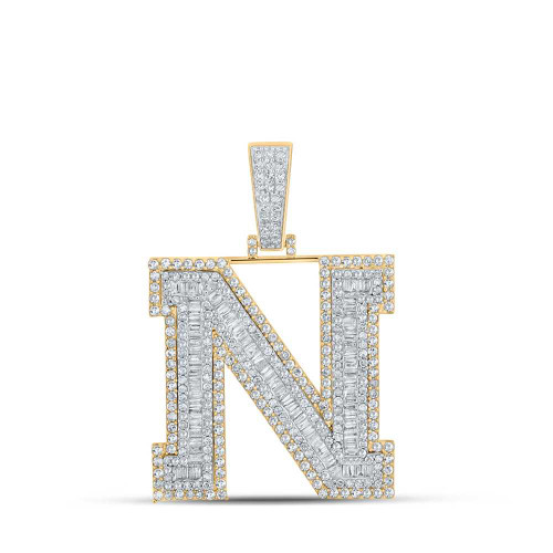 Image of 10kt Two-tone Gold Mens Baguette Diamond N Initial Letter Charm Pendant 2-5/8 Cttw