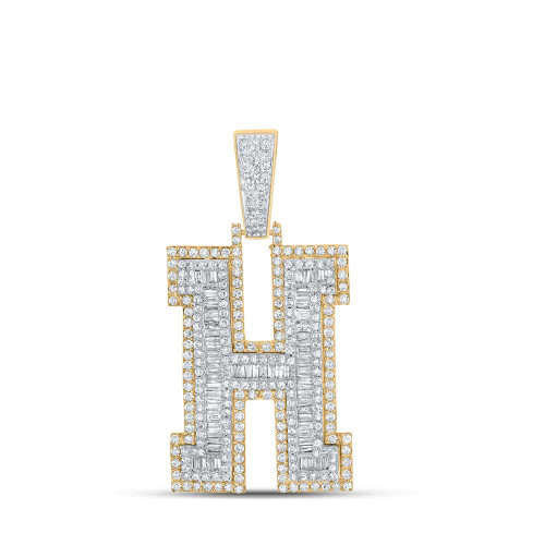 Image of 10kt Two-tone Gold Mens Baguette Diamond H Initial Letter Charm Pendant 2 Cttw