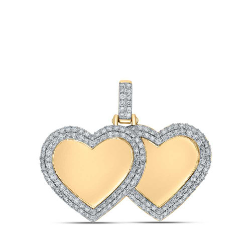 Image of 10kt Yellow Gold Mens Round Diamond Memory Double Heart Charm Pendant 1-3/4 Cttw
