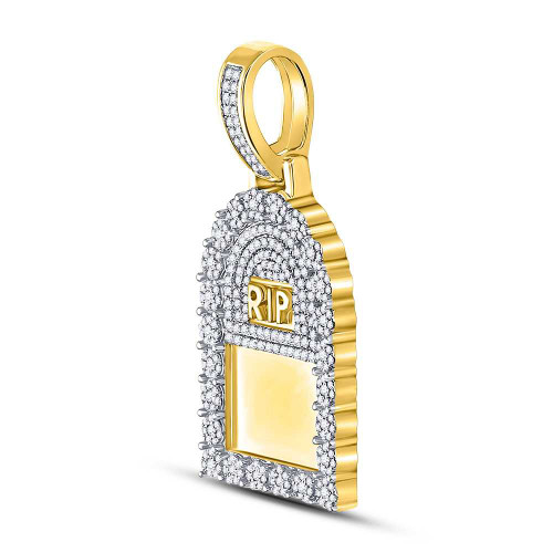 Image of 10kt Yellow Gold Mens Round Diamond Headstone RIP Picture Memory Pendant 1-1/2 Cttw