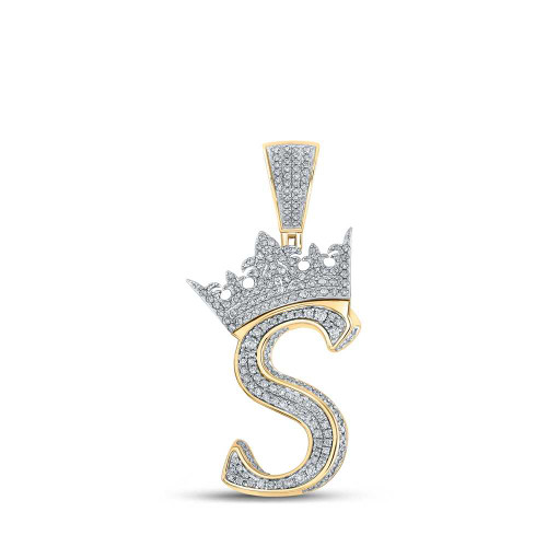 Image of 10kt Two-tone Gold Mens Round Diamond Crown S Letter Charm Pendant 1-1/5 Cttw