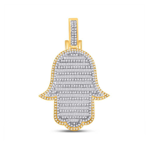 Image of 10kt Yellow Gold Mens Baguette Diamond Hamsa Charm Pendant 2 Cttw