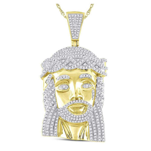 Image of 10kt Yellow Gold Mens Round Diamond Jesus Face Charm Pendant 1-5/8 Cttw