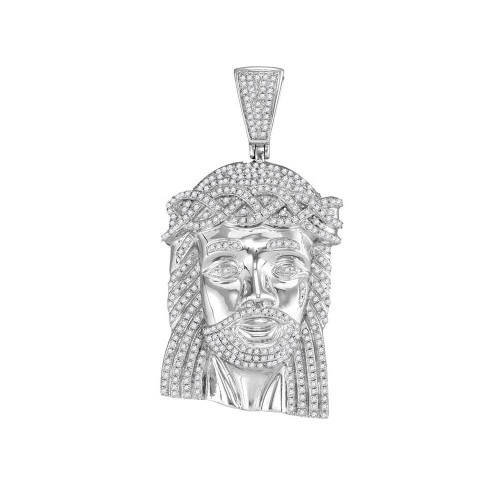 Image of 10kt White Gold Mens Round Diamond Jesus Face Charm Pendant 1-5/8 Cttw