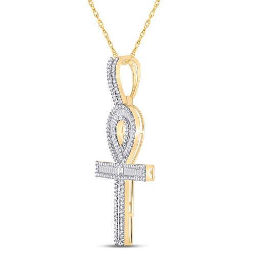 Image of 10kt Yellow Gold Mens Baguette Diamond Ankh Cross Charm Pendant 1-5/8 Cttw