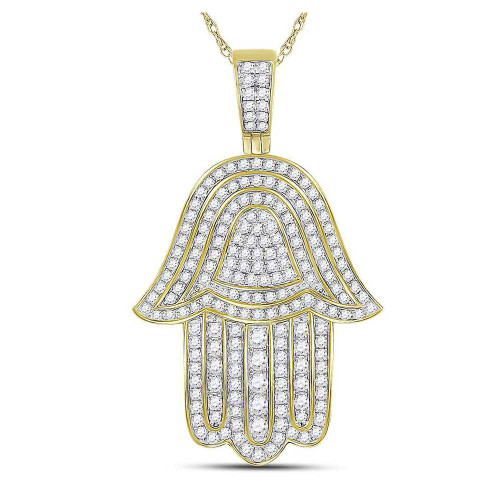 Image of 10kt Yellow Gold Mens Round Diamond Hamsa Hand Charm Pendant 1-3/4 Cttw