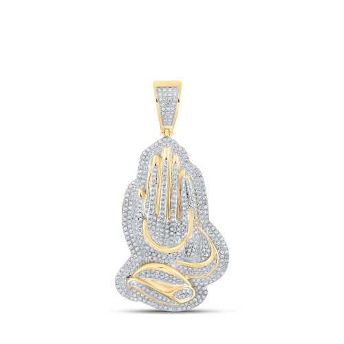 Image of 10kt Yellow Gold Mens Round Diamond Praying Hands Charm Pendant 1-1/3 Cttw